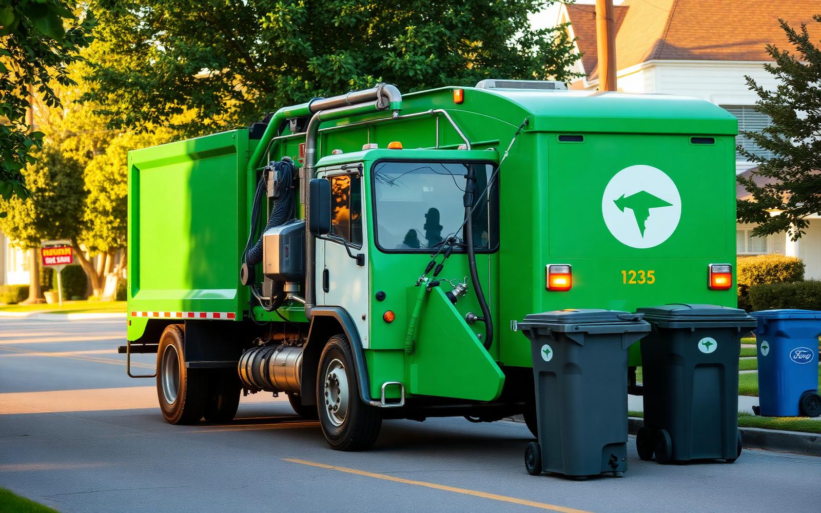 Tiller Disposal truck servicing a small-town street at dawn